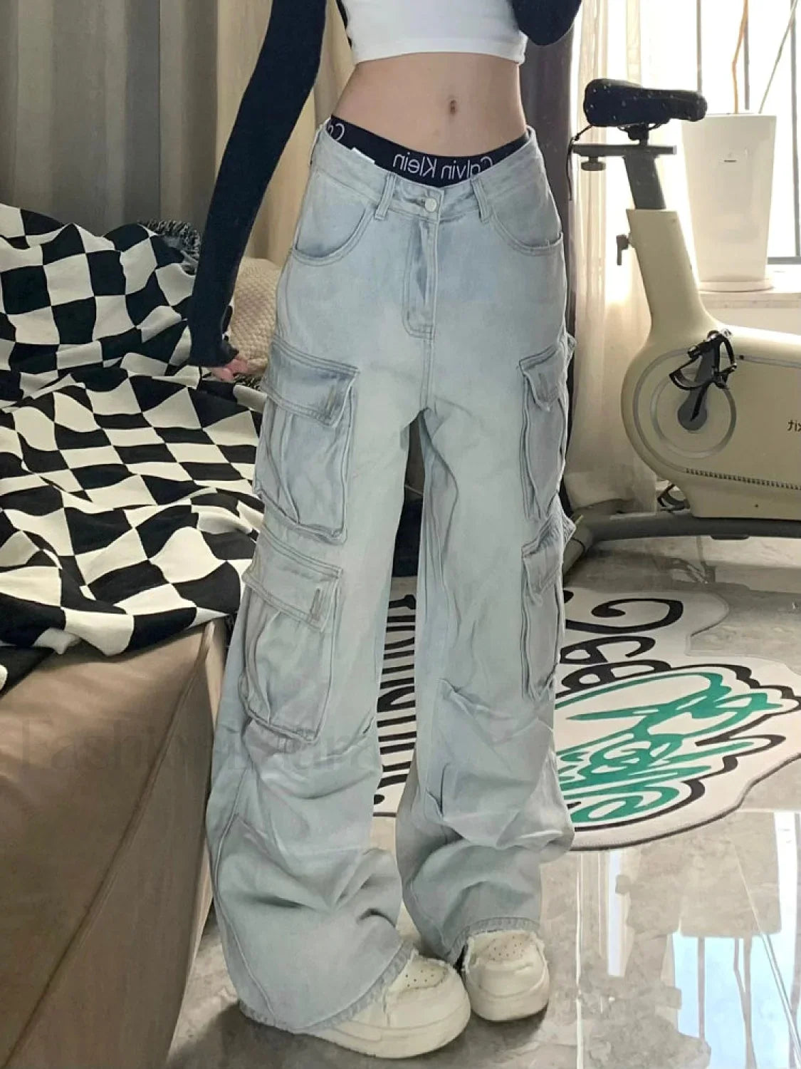 Multiple Pocket Washed Trendy Cargo Boyfriend Jeans