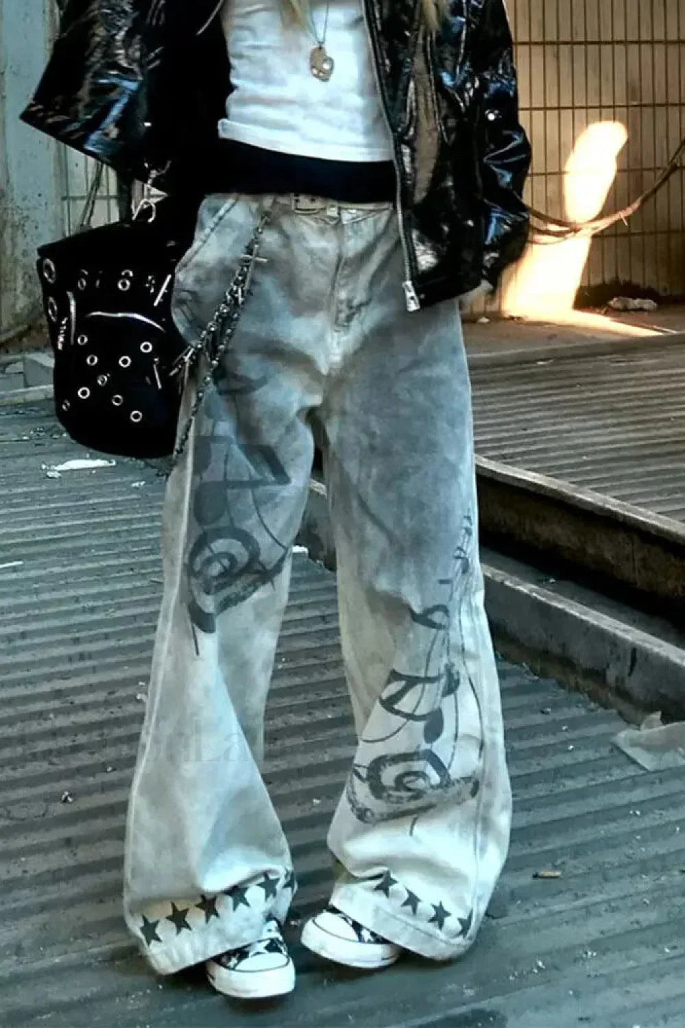 Music Note Print Vintage Jeans