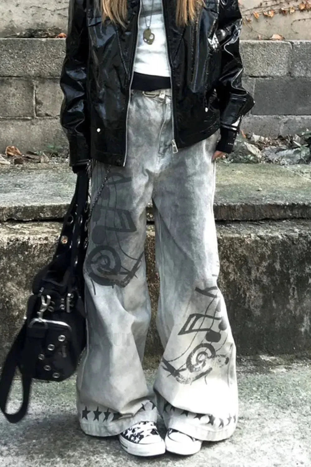 Music Note Print Vintage Jeans Grey / S