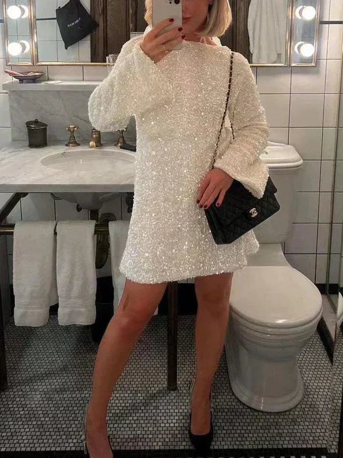 Sequin Long Sleeve Open Back Oversized Bow Back Mini Party Dress