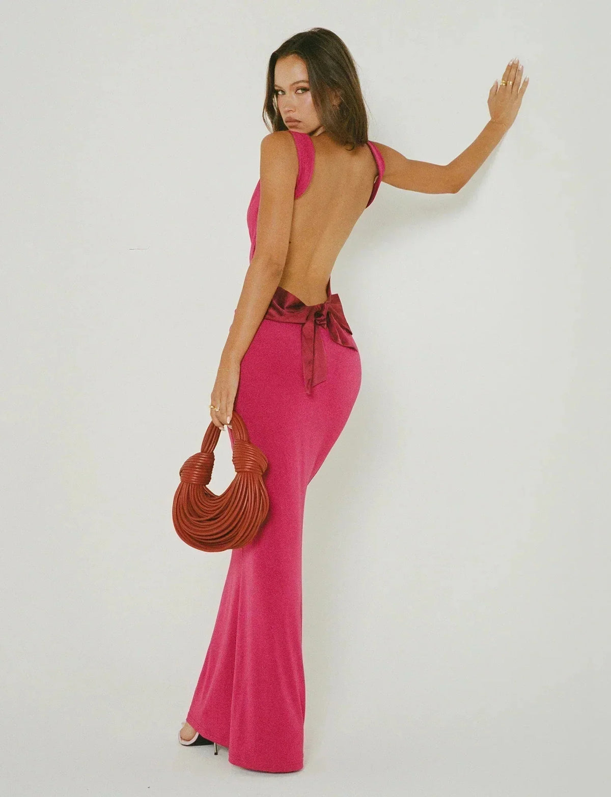 Open Back Satin Bow Tie Waist Sleeveless Maxi Dress