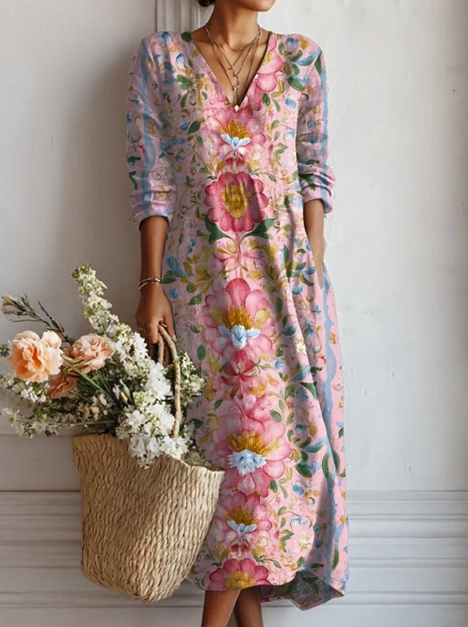 Floral V-Neck Long Sleeve Midi Dress