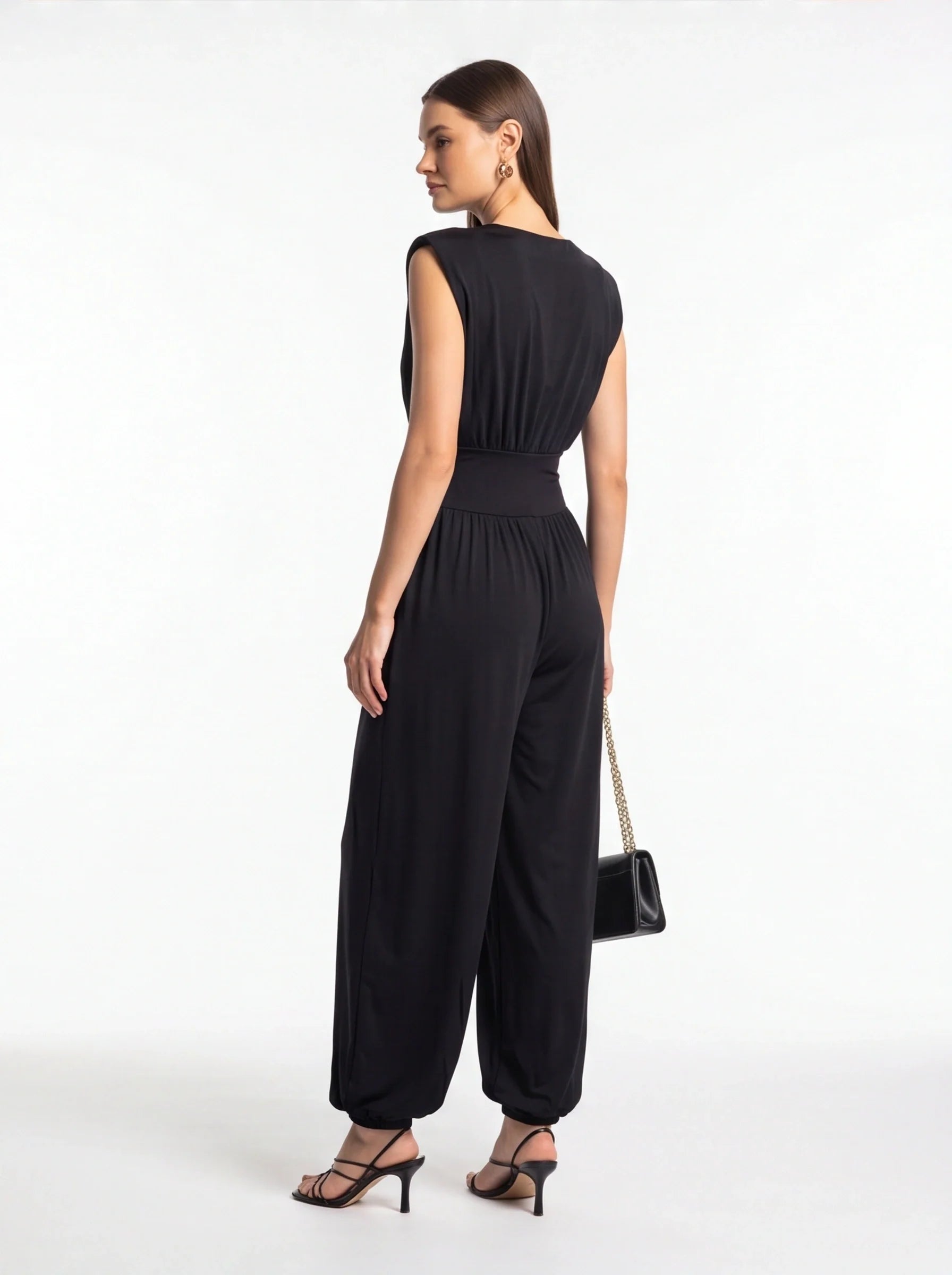 Elegant Casual Ruched Jumpsuit with Adjustable Straps & Pockets