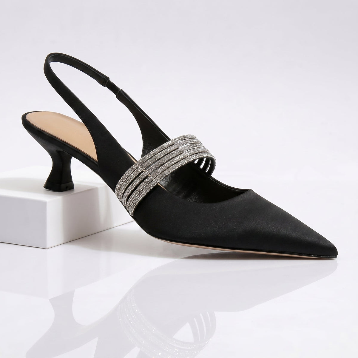 Pointed Toe Rhinestone Slingback Kitten Heel Pumps