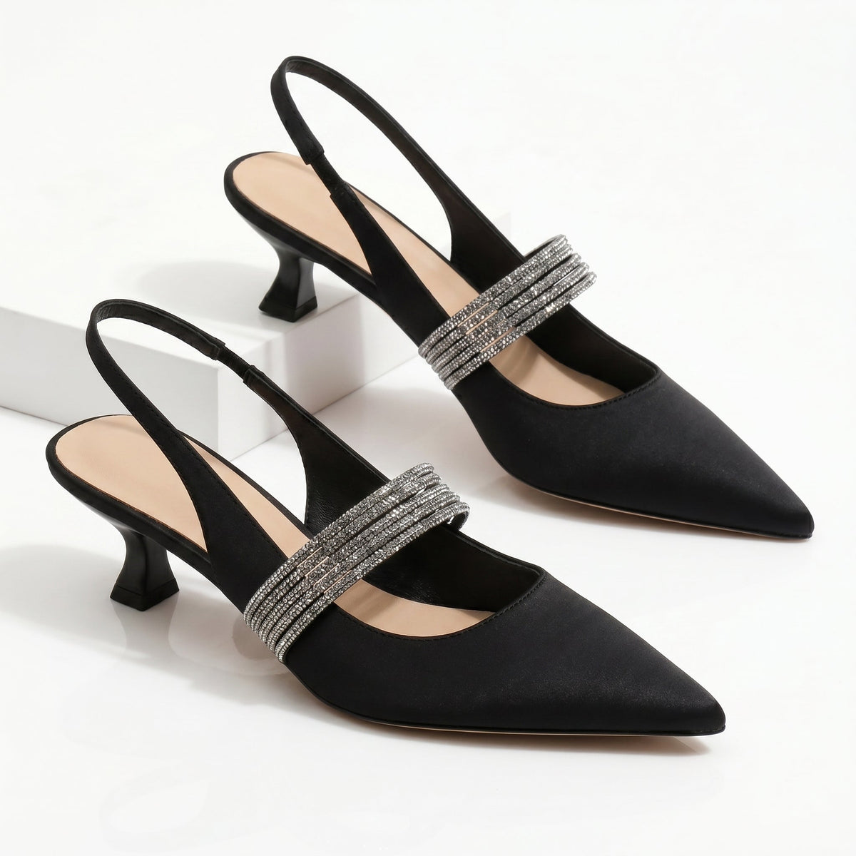 Pointed Toe Rhinestone Slingback Kitten Heel Pumps