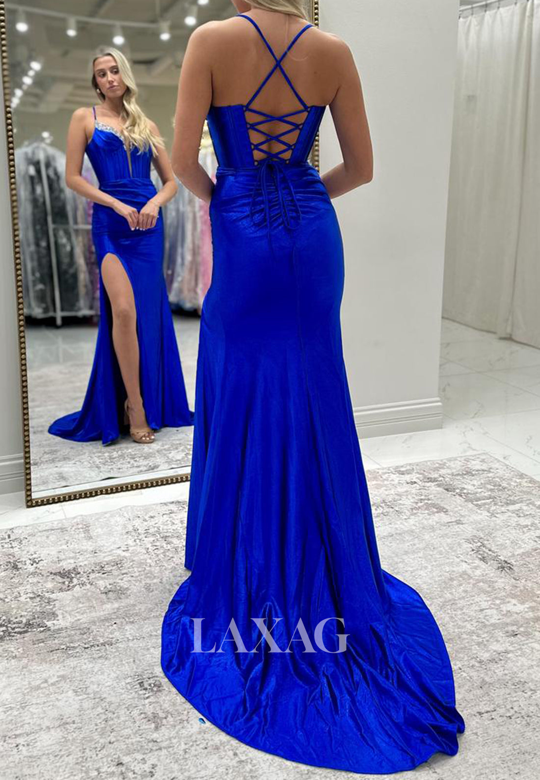 Plunging V-Neck Spaghetti Straps Sleeveless Beaded Pleated High Slit Mermaid Prom Dress with Sweep Train