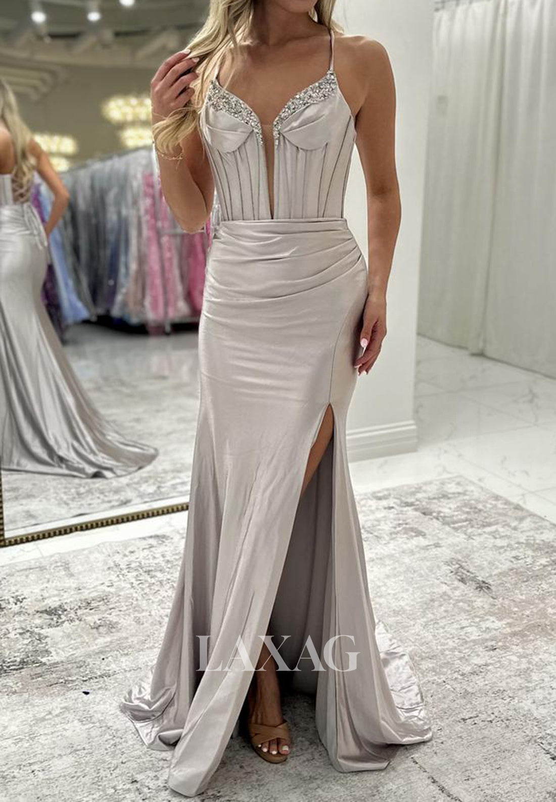 Plunging V-Neck Spaghetti Straps Sleeveless Beaded Pleated High Slit Mermaid Prom Dress with Sweep Train