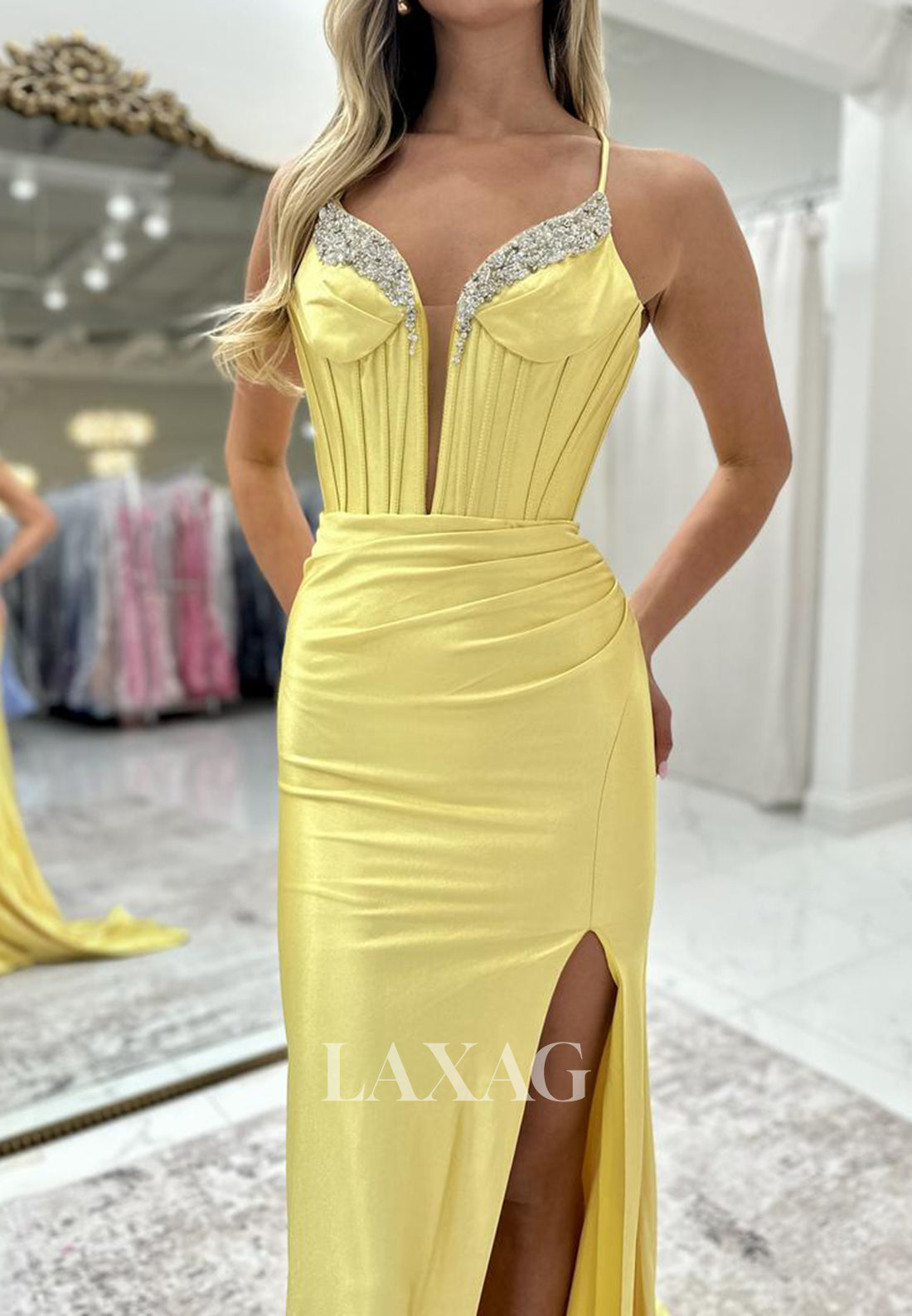 Plunging V-Neck Spaghetti Straps Sleeveless Beaded Pleated High Slit Mermaid Prom Dress with Sweep Train
