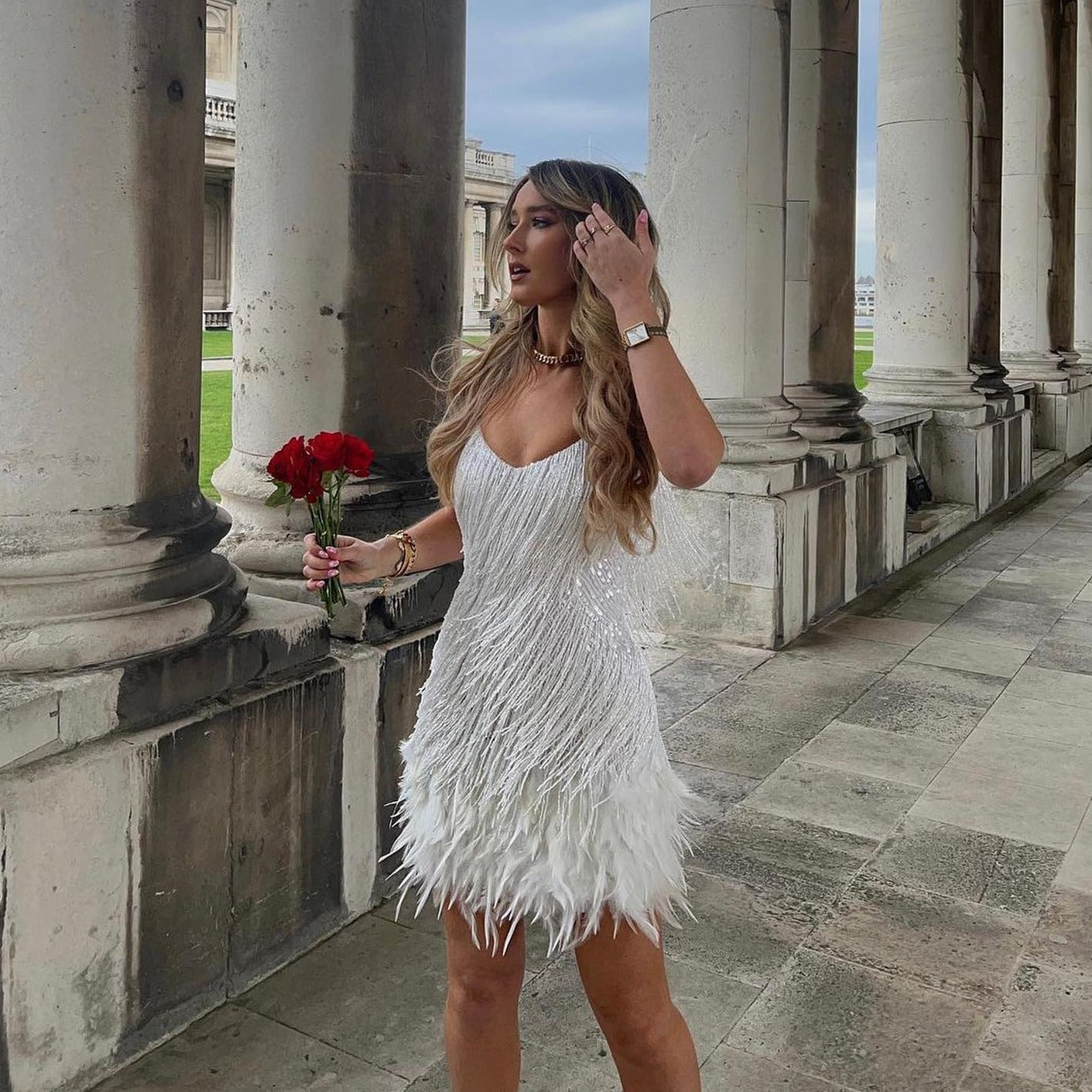 Fringe Feather Trim Spaghetti Strap Bodycon Mini Dress