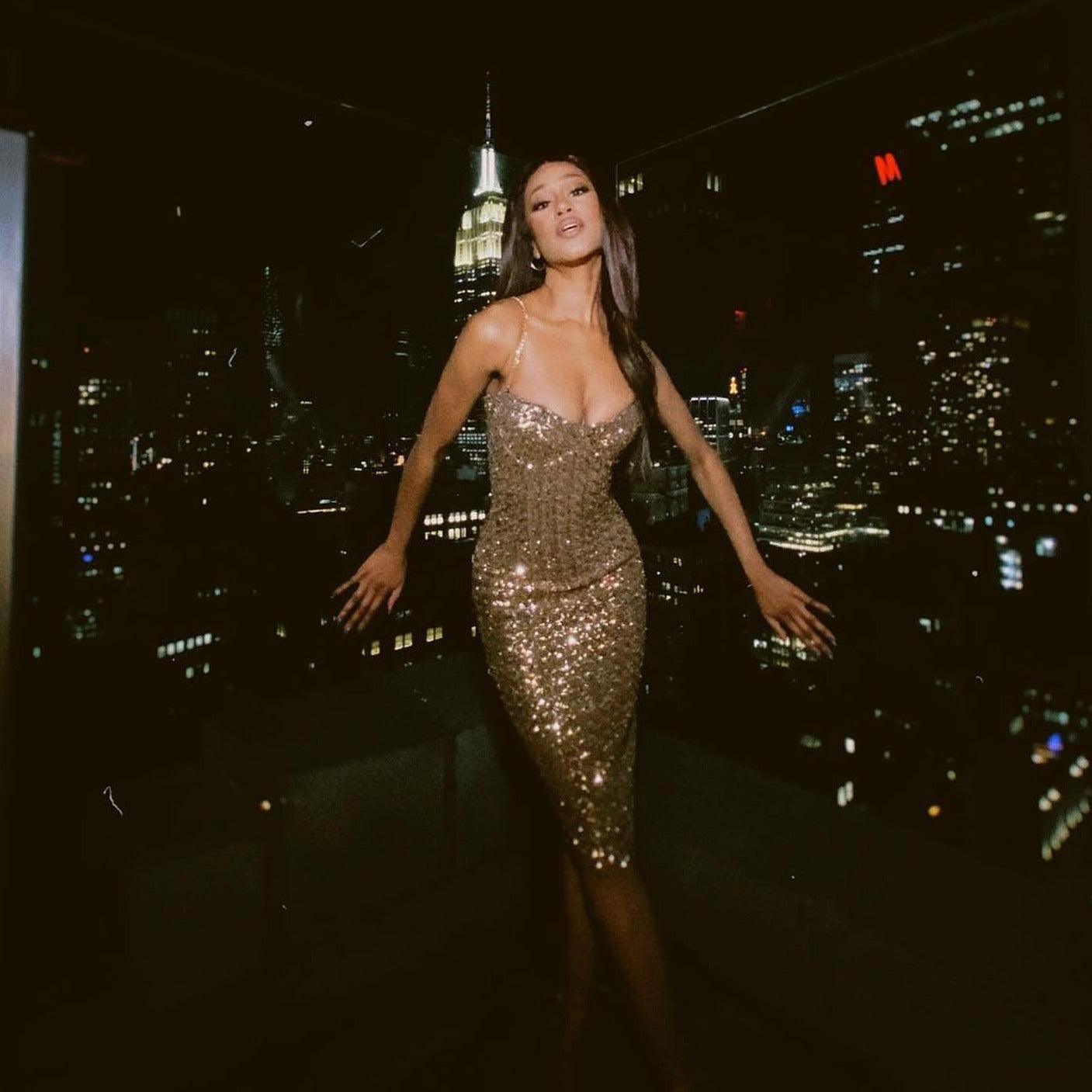 Sequin Spaghetti Strap Sweetheart Corset Bodycon Midi Dress