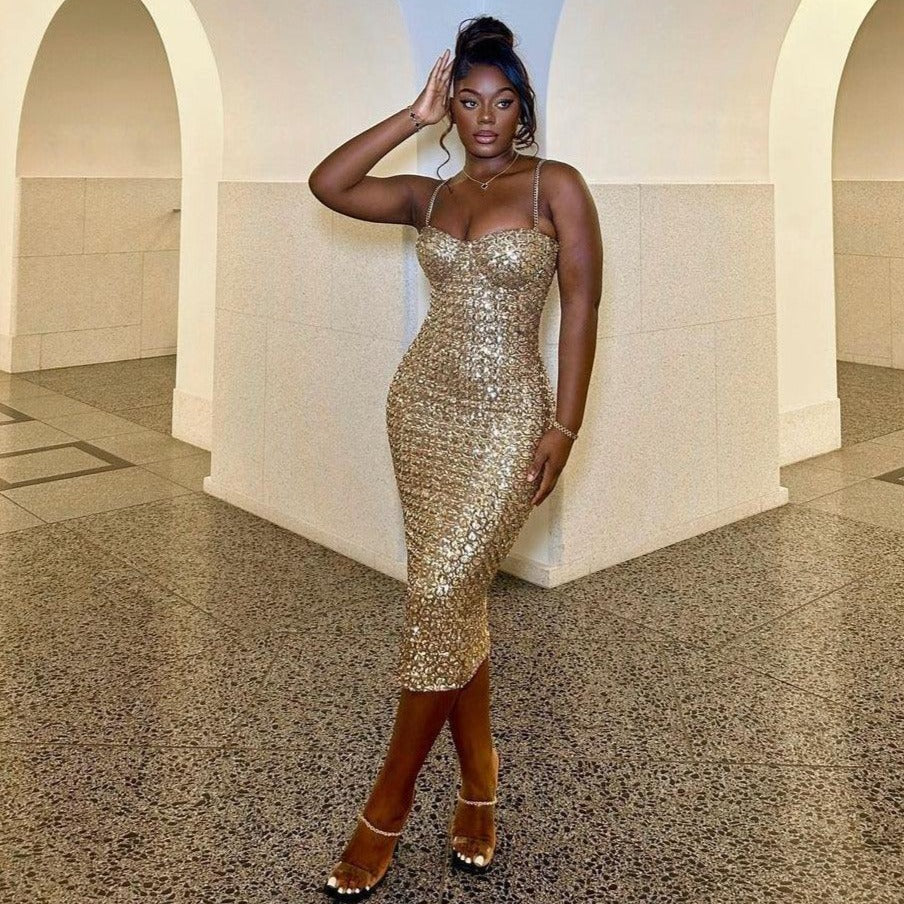 Sequin Spaghetti Strap Sweetheart Corset Bodycon Midi Dress