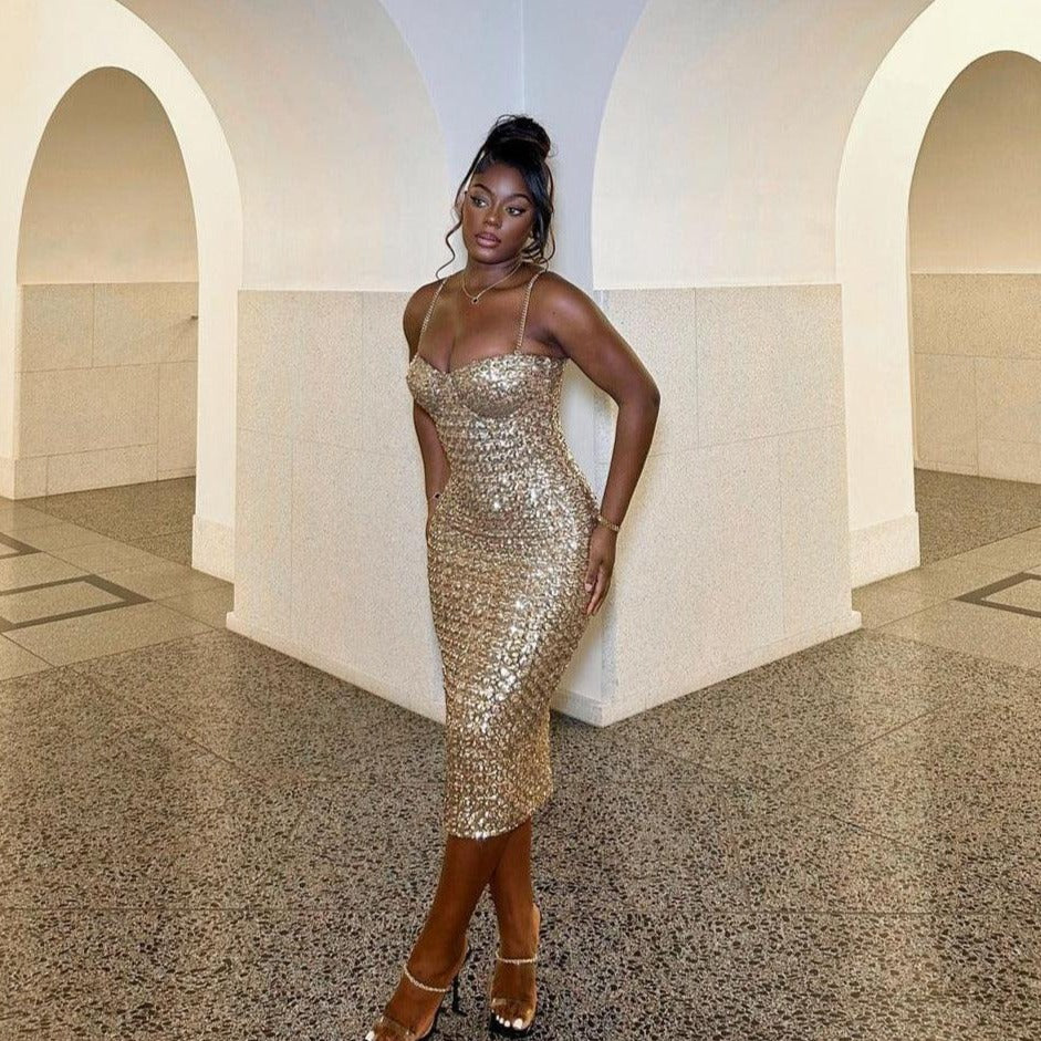 Sequin Spaghetti Strap Sweetheart Corset Bodycon Midi Dress