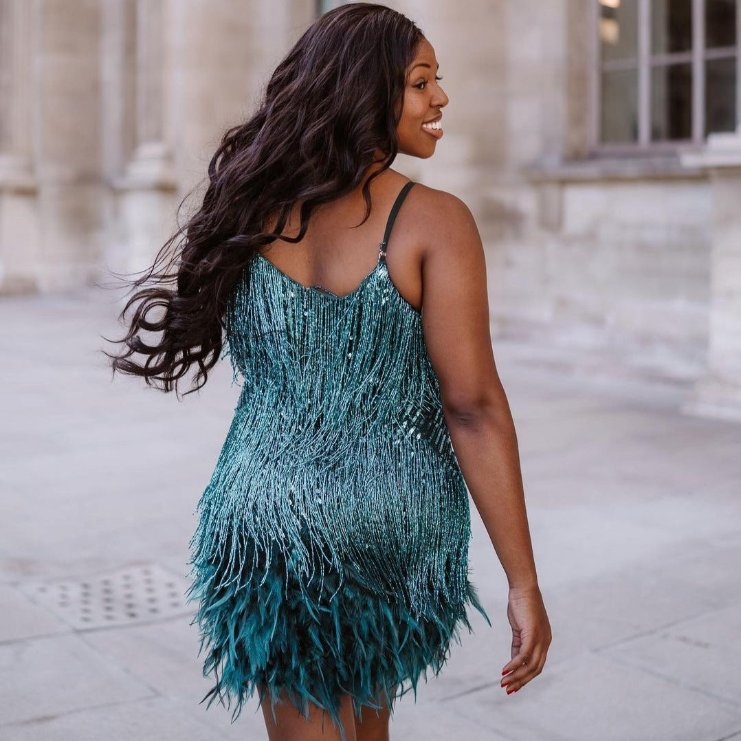Fringe Feather Trim Spaghetti Strap Bodycon Mini Dress