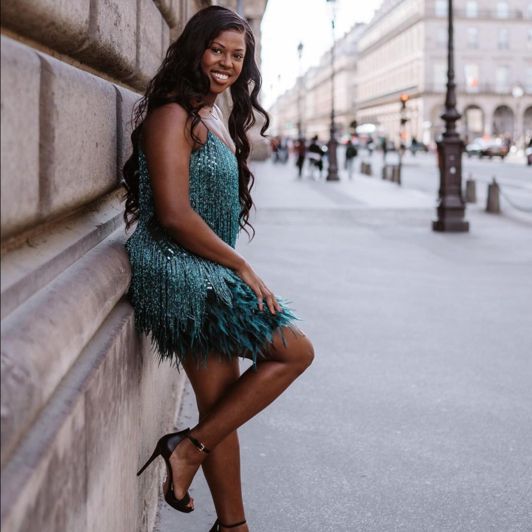 Fringe Feather Trim Spaghetti Strap Bodycon Mini Dress