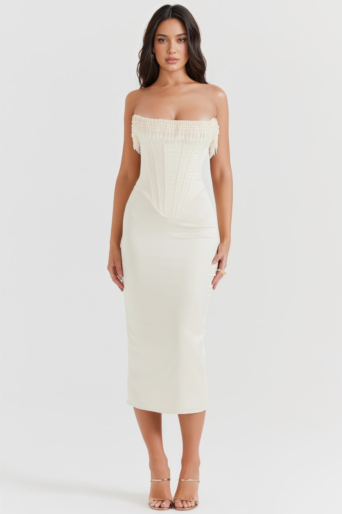 Nikki Cream Embellished Strapless Midi Dress - View 2