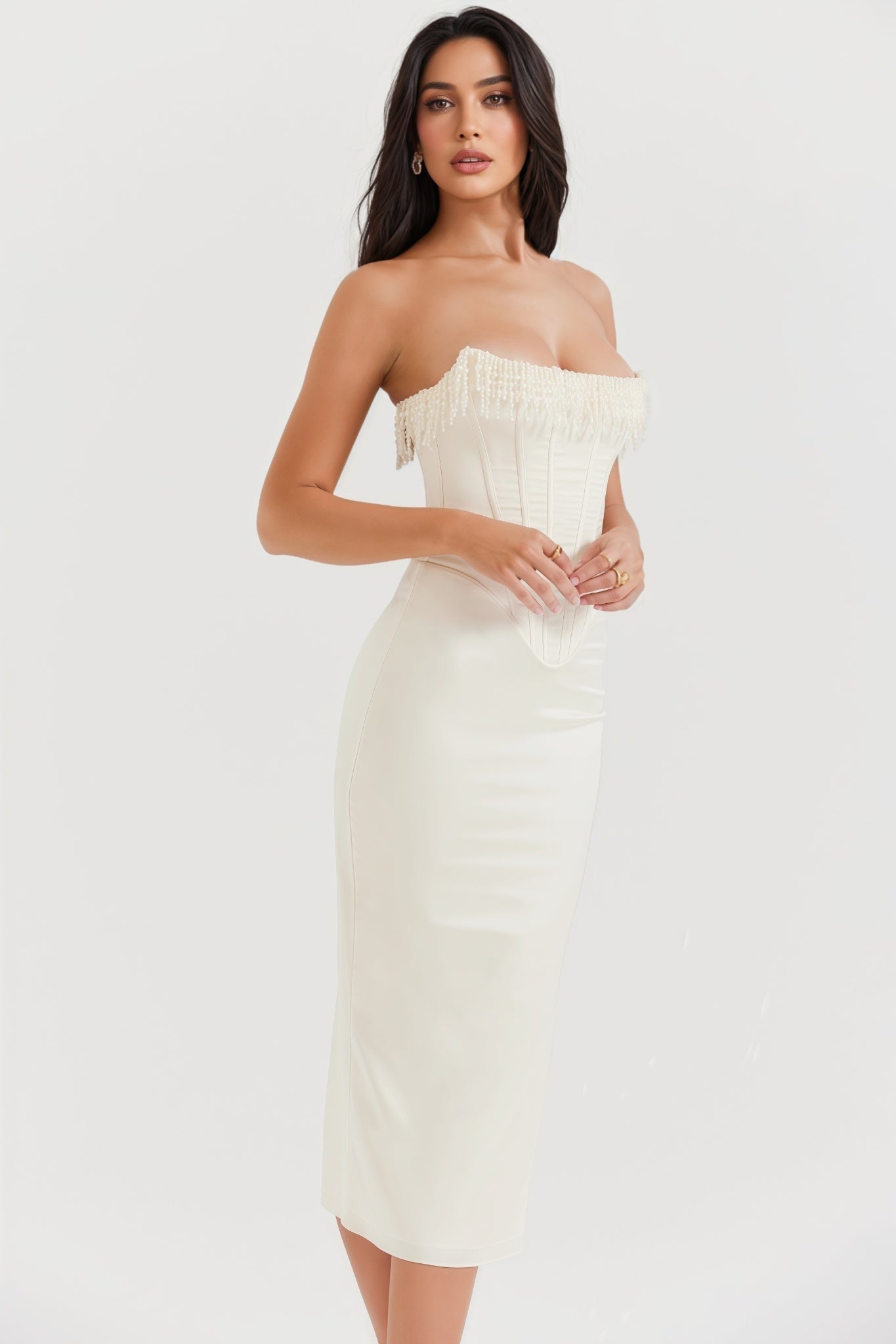 Nikki Cream Embellished Strapless Midi Dress - View 4