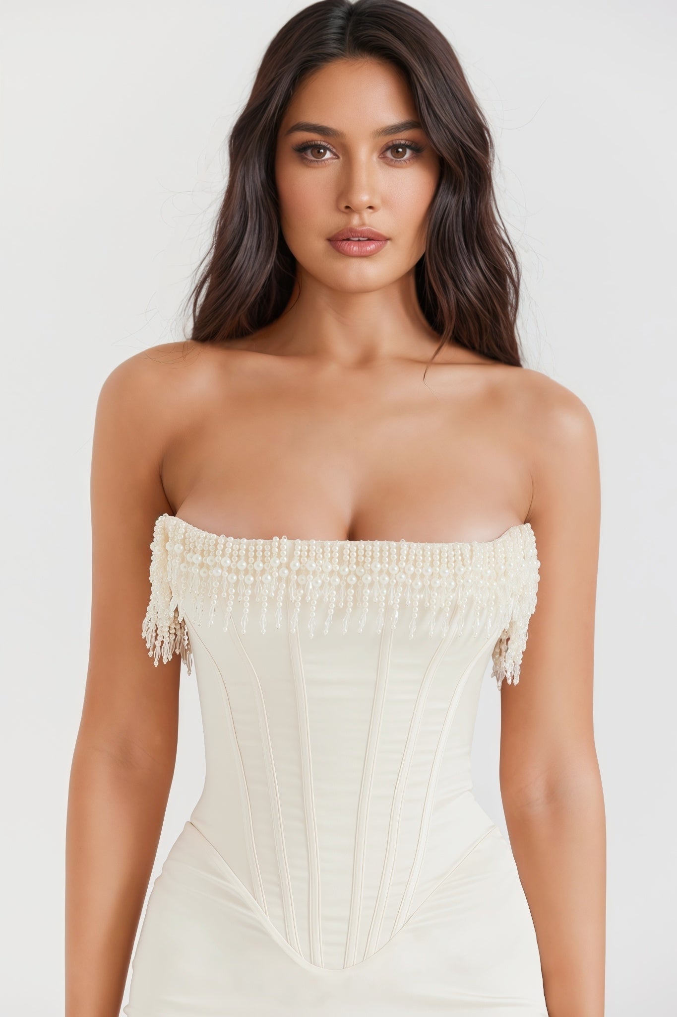 Nikki Cream Embellished Strapless Midi Dress - View 6