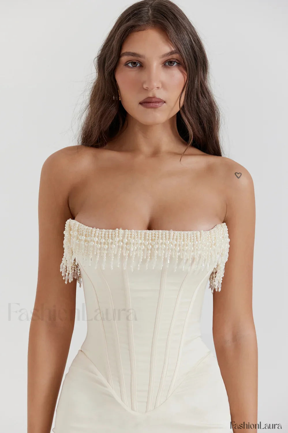 Nalita Vintage Cream Charming Beaded Strapless Dress