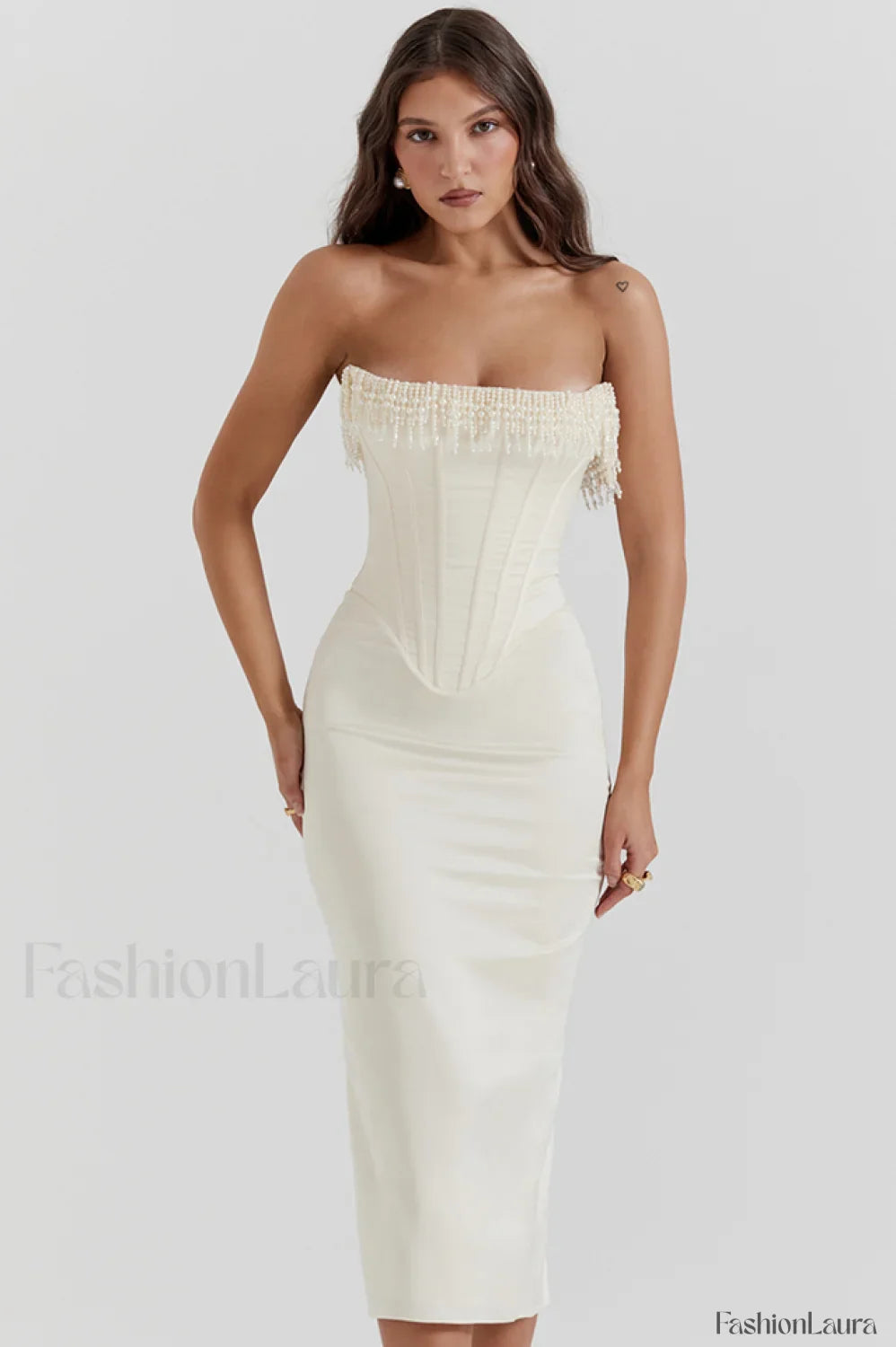 Nalita Vintage Cream Charming Beaded Strapless Dress