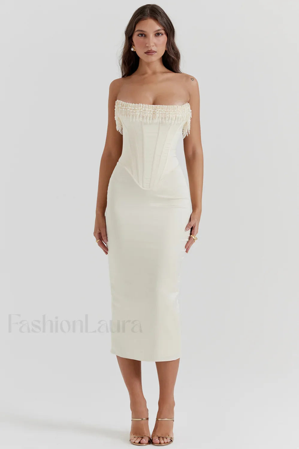 Nalita Vintage Cream Charming Beaded Strapless Dress