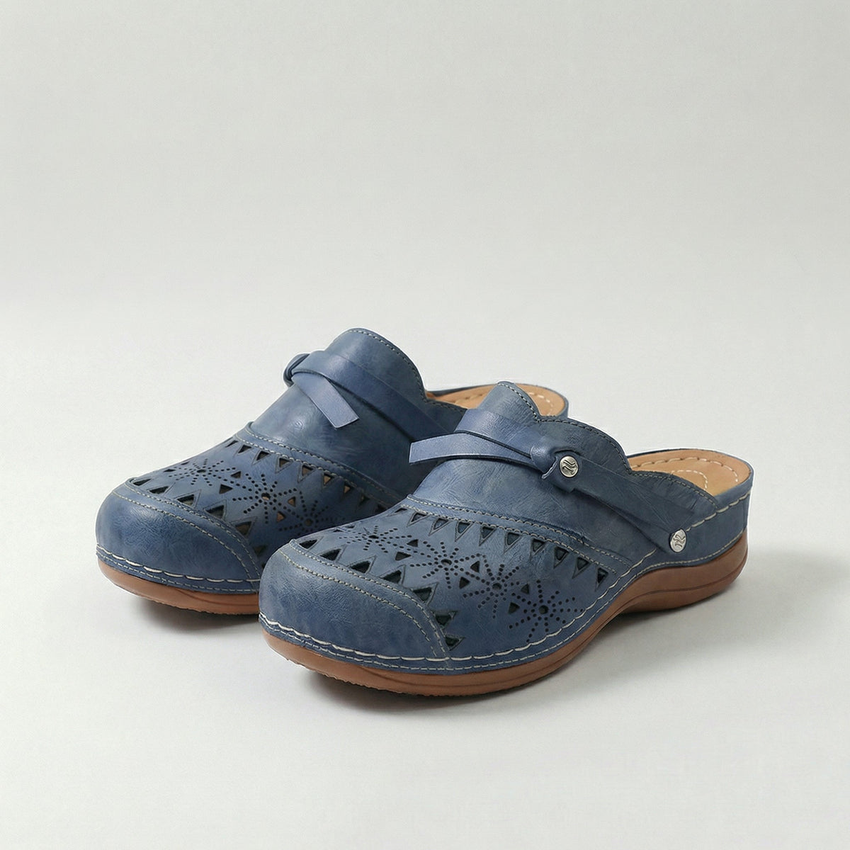 Cut Out Perforated Slip On Wedge Clog Mules