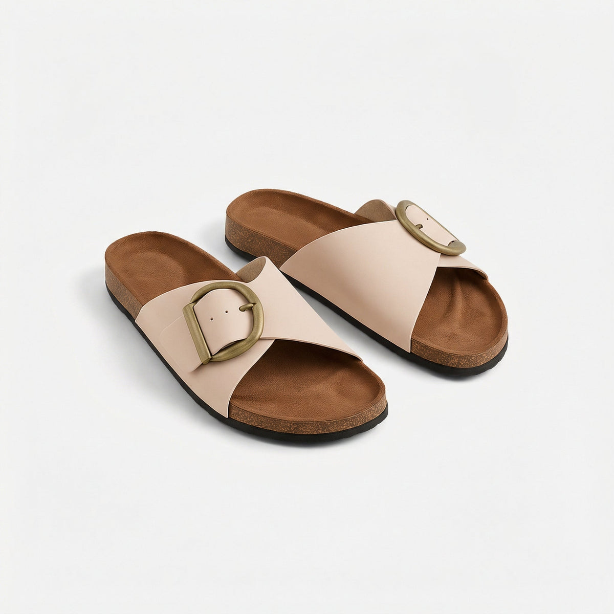 Double Buckle Cork Footbed Slide Sandals