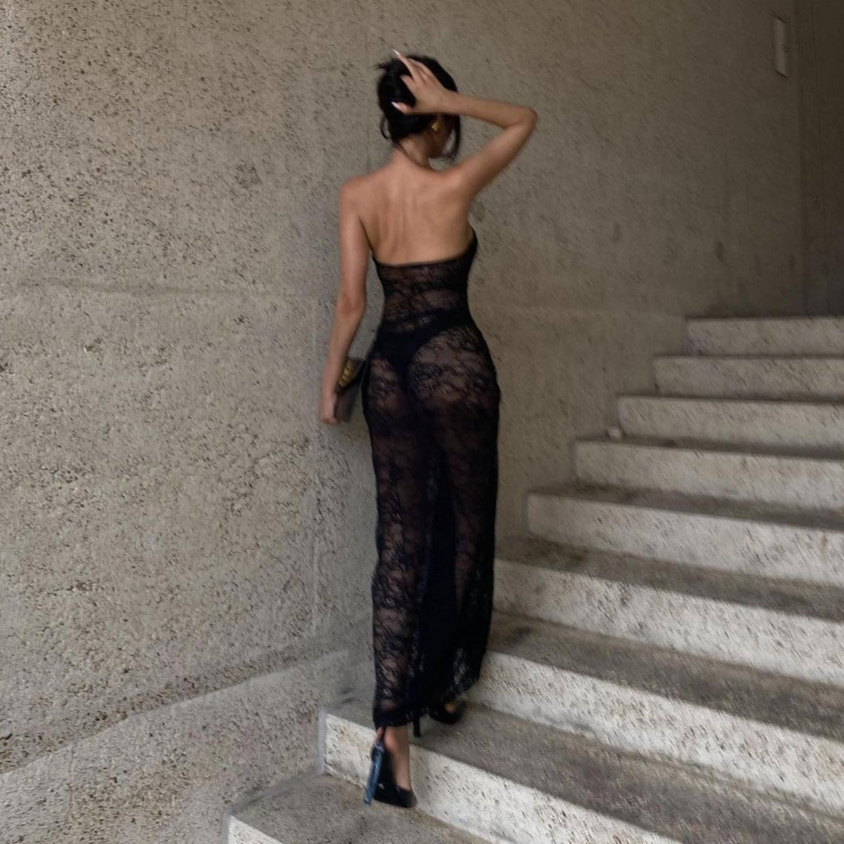 Sheer Lace Strapless Sweetheart Neck Knot Front Maxi Dress 2
