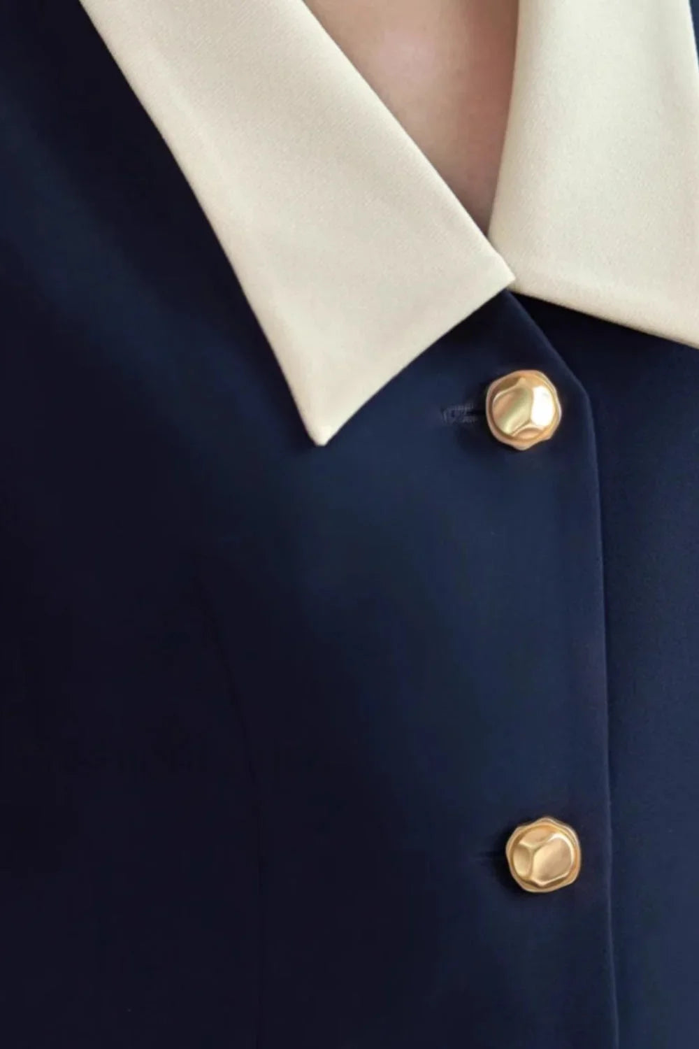 Navy Sleeveless Work Dress with White Collar and Gold Buttons