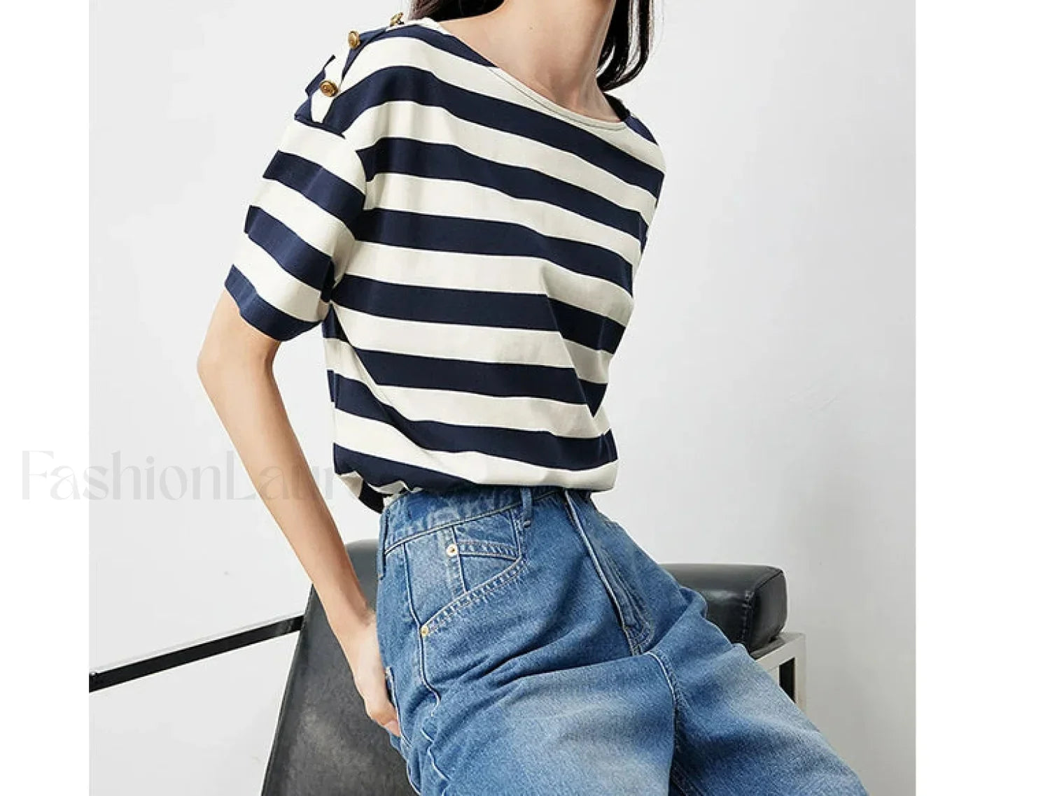 Navy Striped Round Neck Loose T-Shirt