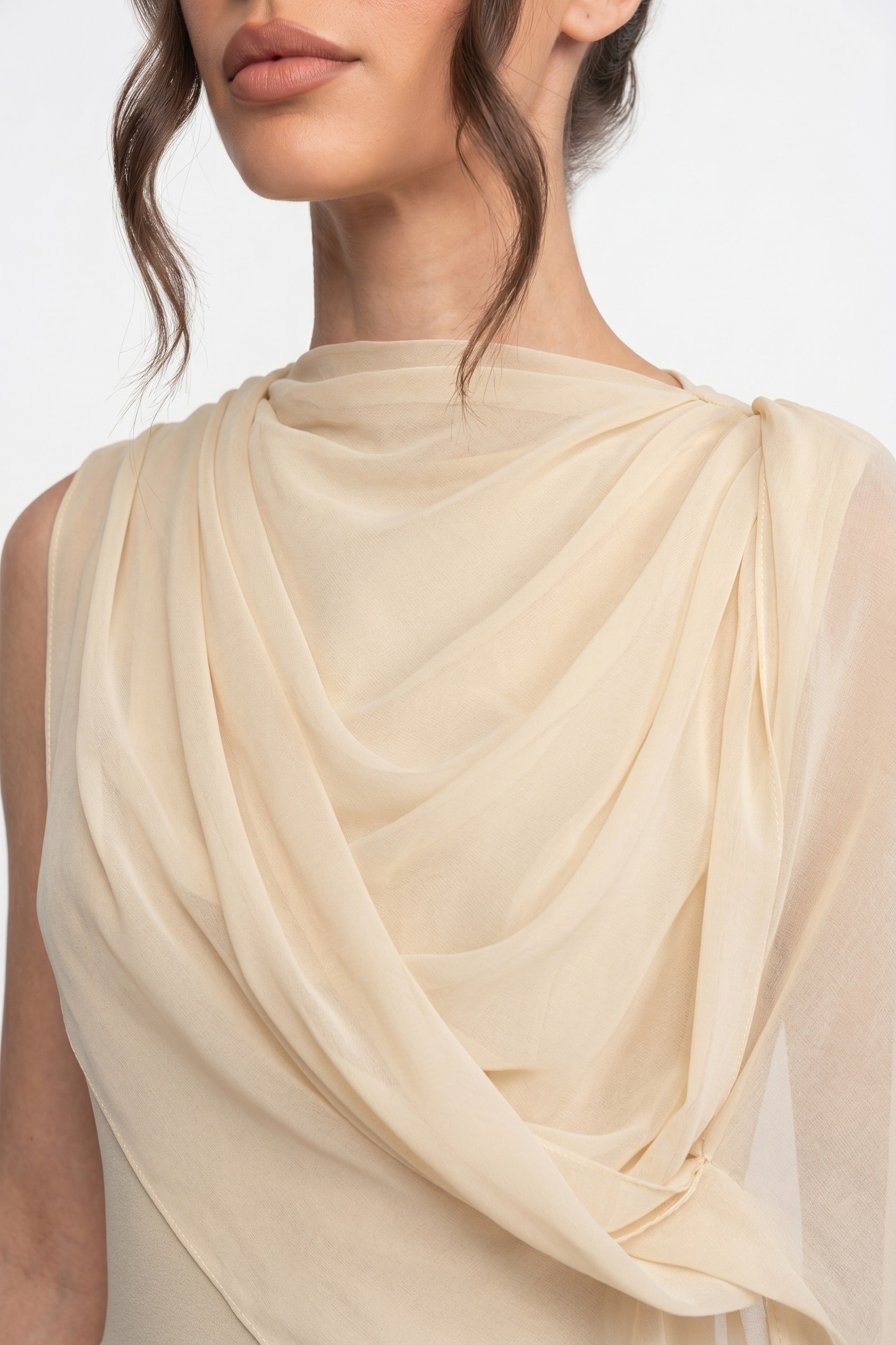 One-Shoulder Draped Maxi Dress With Sheer Scarf Detail - Beige