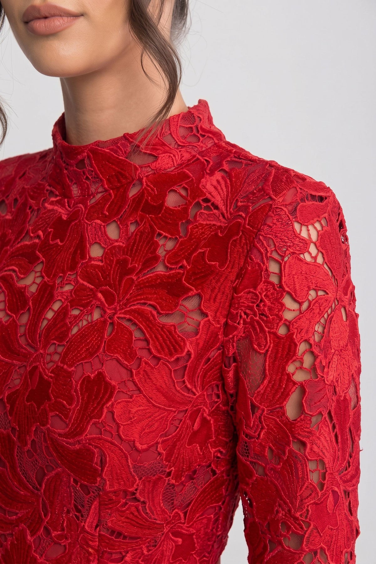 Mock Neck Long Sleeve Floral Lace Scalloped Hem Mini Dress 6