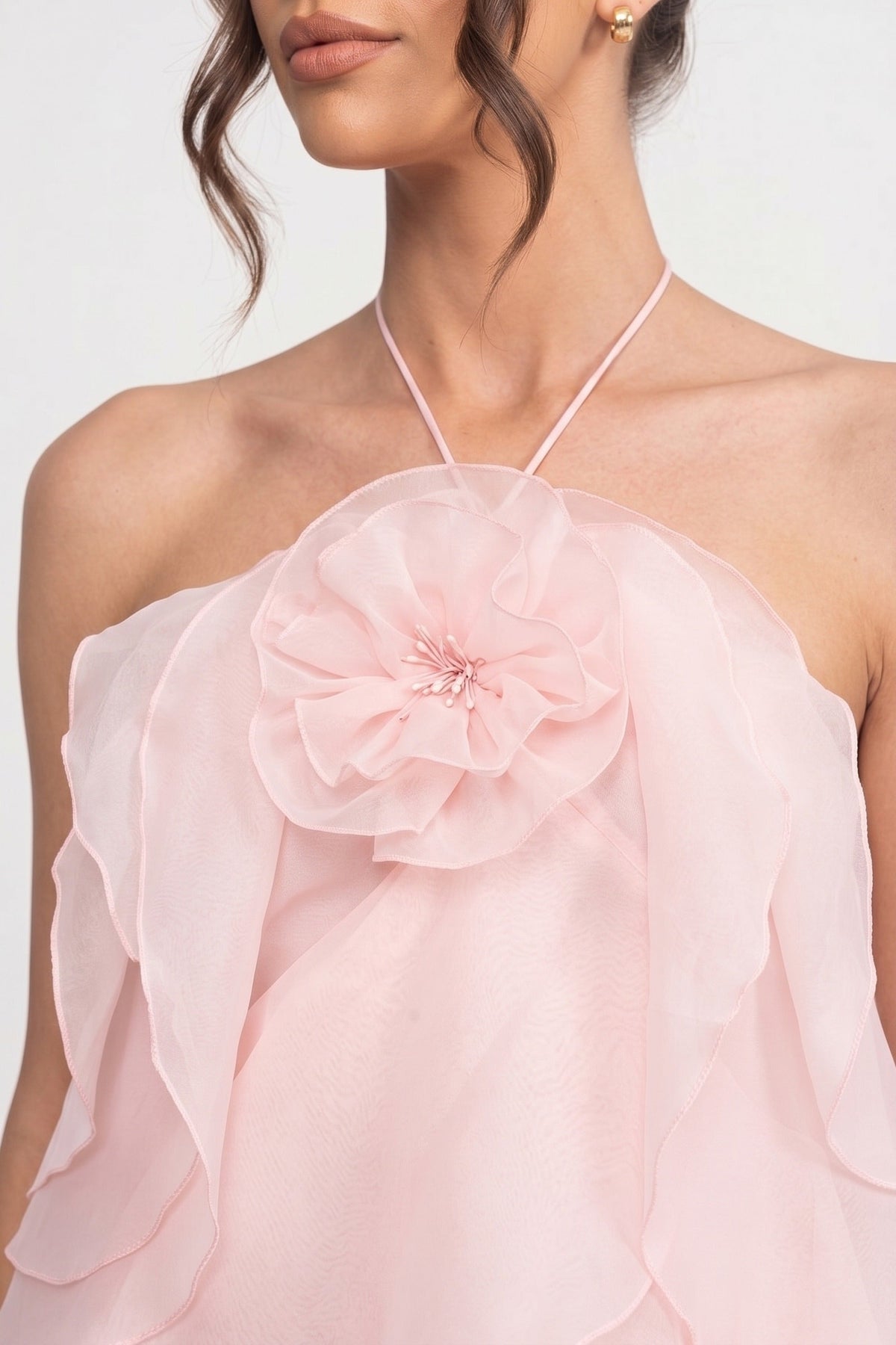 Halter Neck Rosette Tiered Ruffle Organza Mini Dress 5