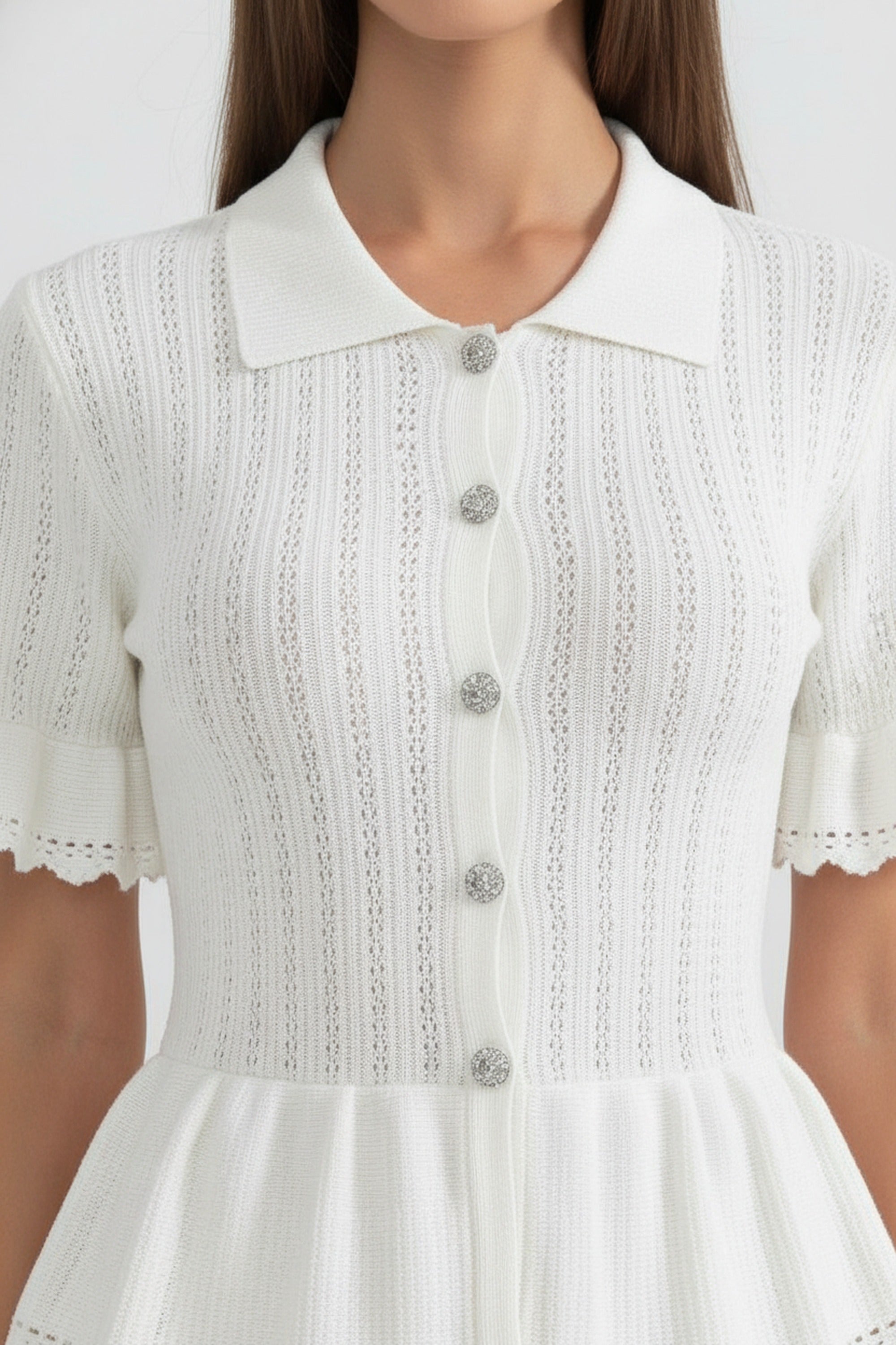 Peter-Pan Collar Knit Peplum Maxi Dress With Lace Hem - White