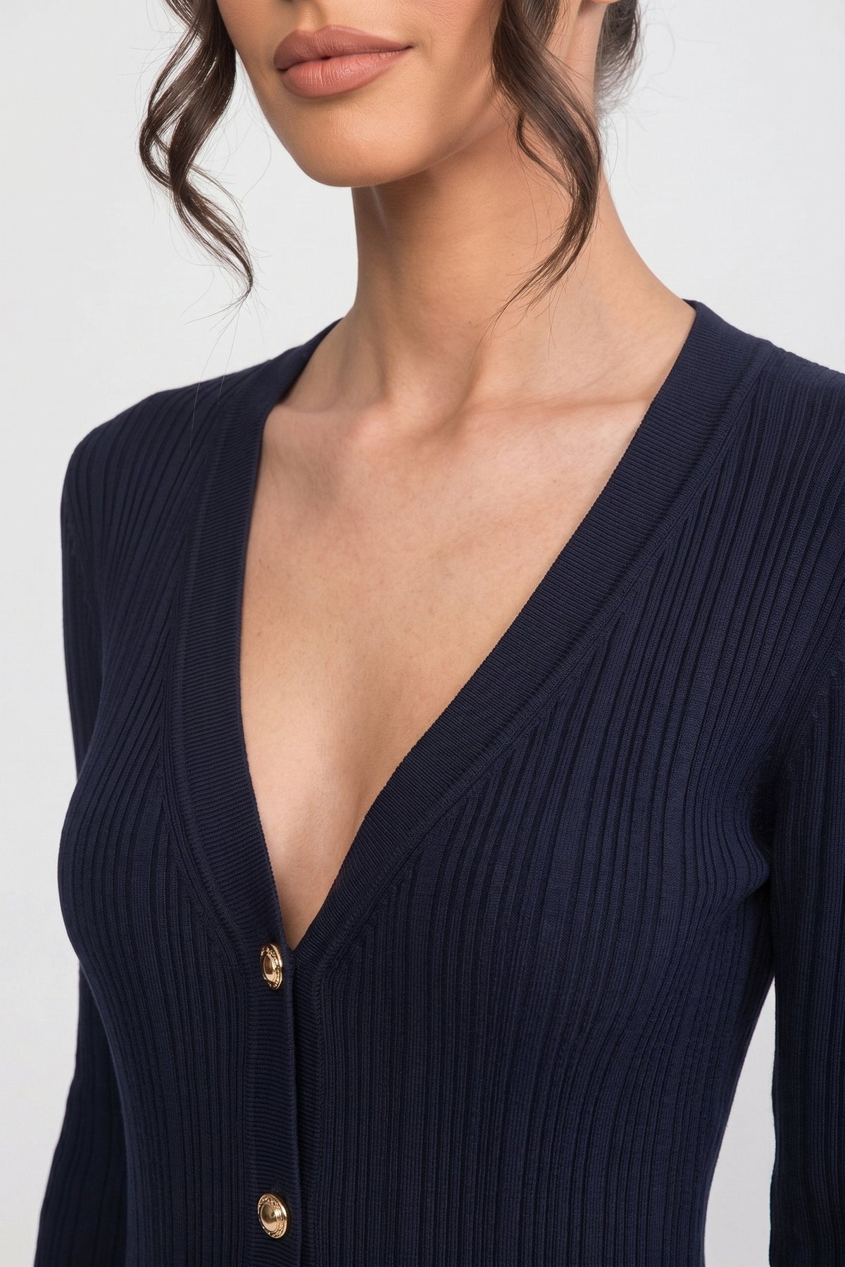 V-Neck Long Sleeve Button Front Contrast Cuff Ribbed Knit Ruffle Hem Midi Dress 3