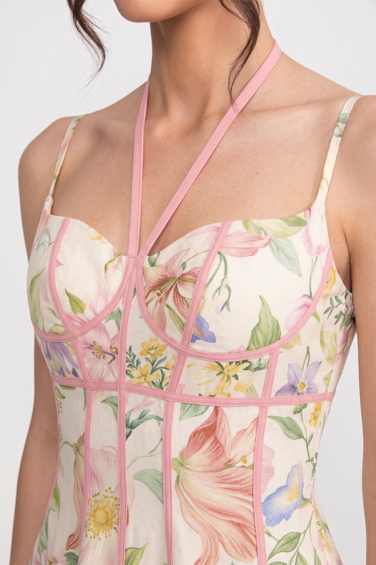Floral Print Sweetheart Neck Contrast Piping Corset Fit and Flare Midi Dress 4