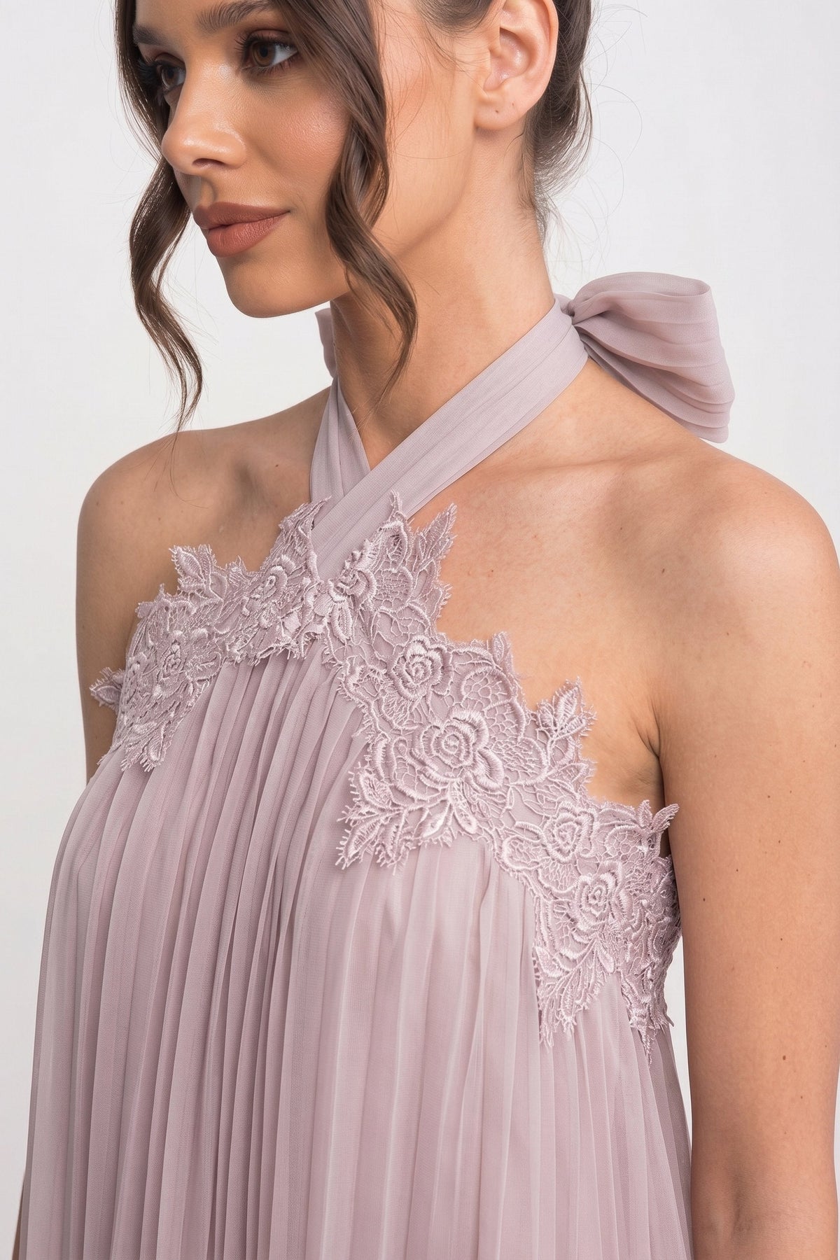 Halter Neck Pleated Chiffon Lace Trim Trapeze Mini Dress 4