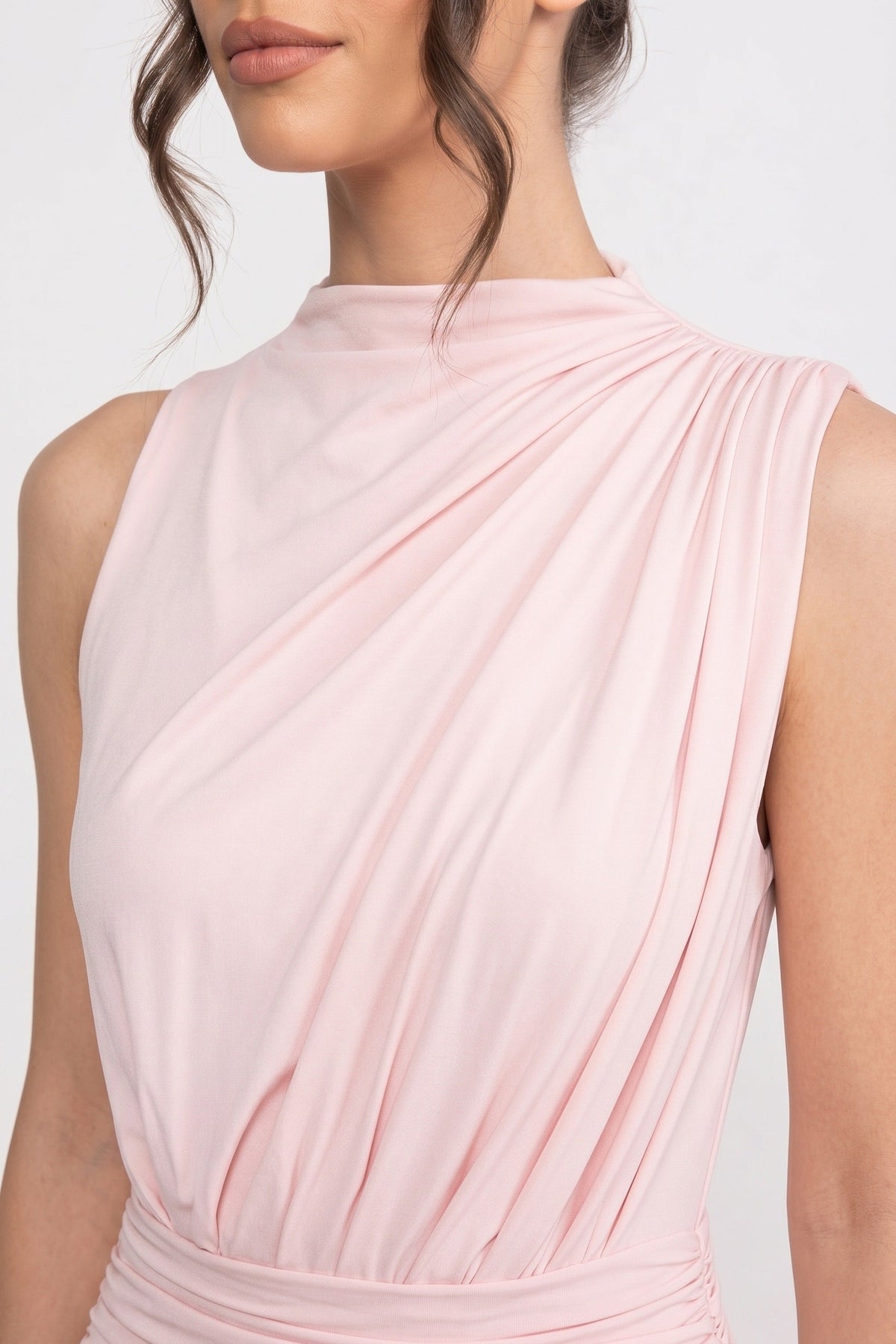 Mock Neck Sleeveless Ruched Bodice Pleated High Low Maxi Dress 3