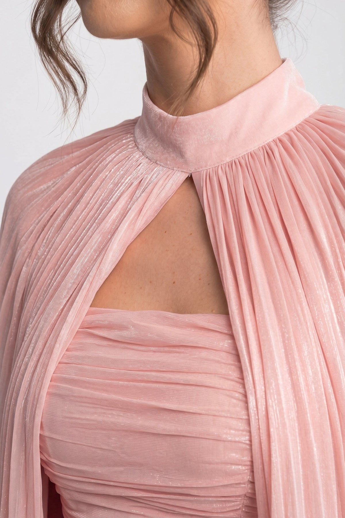 High Neck Keyhole Cut Out Pleated Cape Sleeve Ruched Mini Dress - View 8