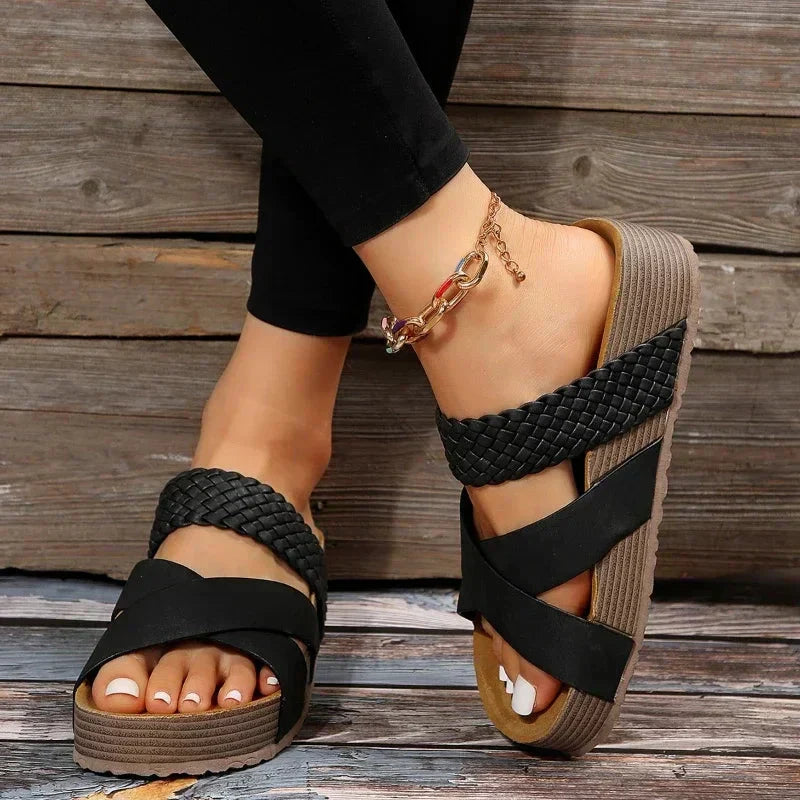 Open Toe Woven Cross Strap Platform Slide Sandals