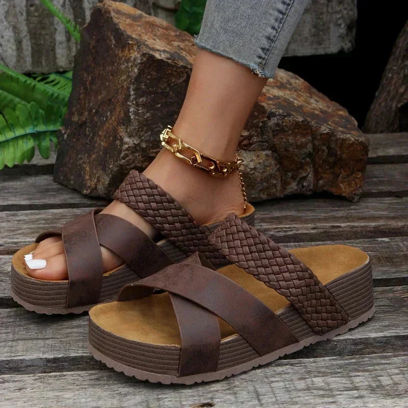Open Toe Woven Cross Strap Platform Slide Sandals
