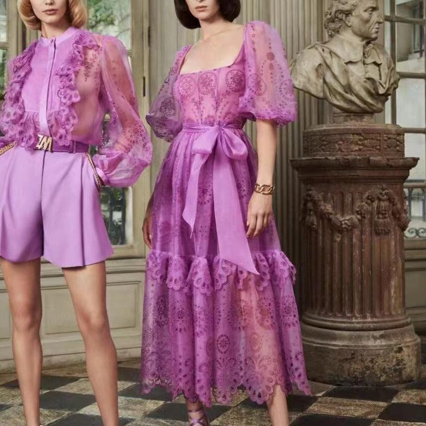 Neely Belted Puff Sleeves Lace Dress