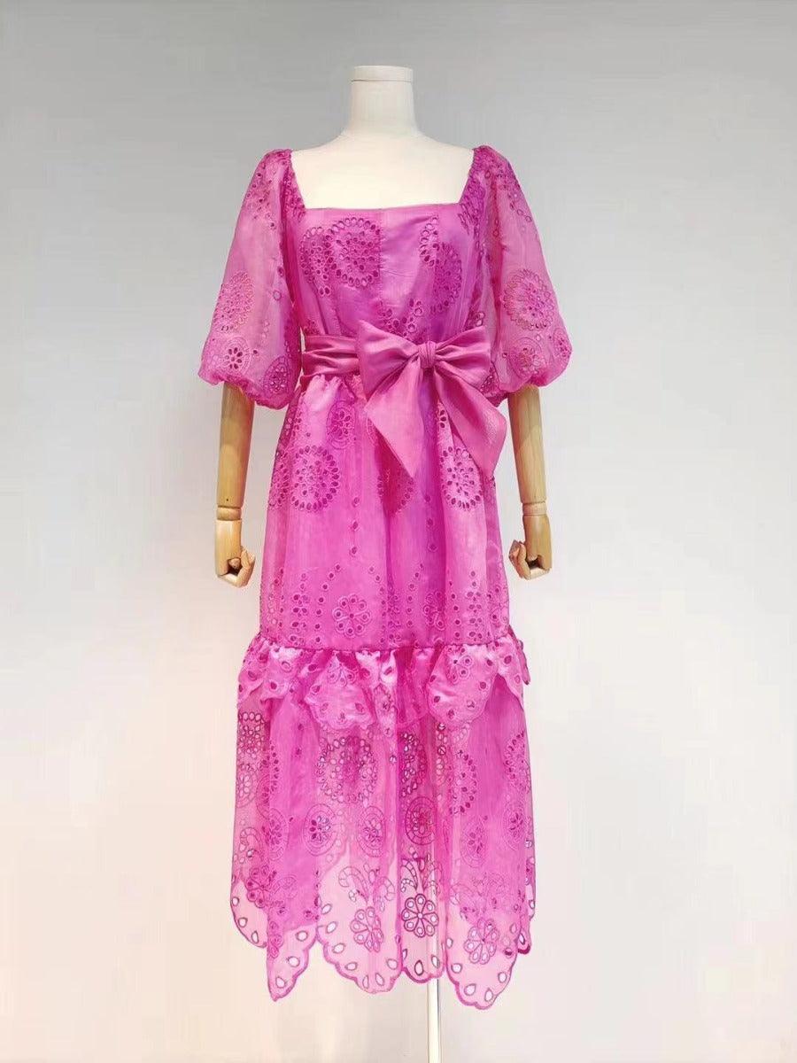 Neely Belted Puff Sleeves Lace Dress