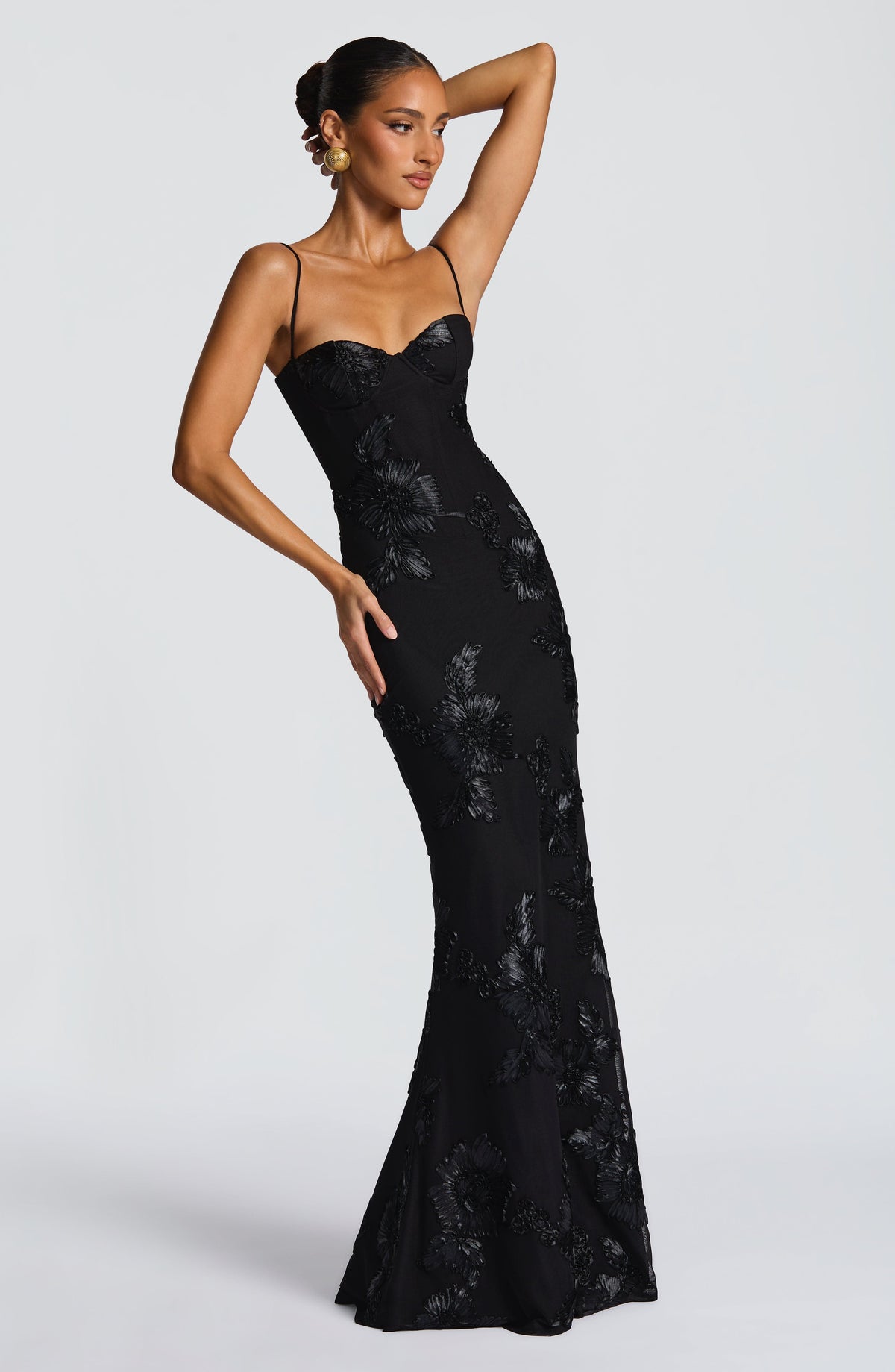 Sequin Floral Mesh Sweetheart Sheer Hood Scarf Mermaid Maxi Gown 12