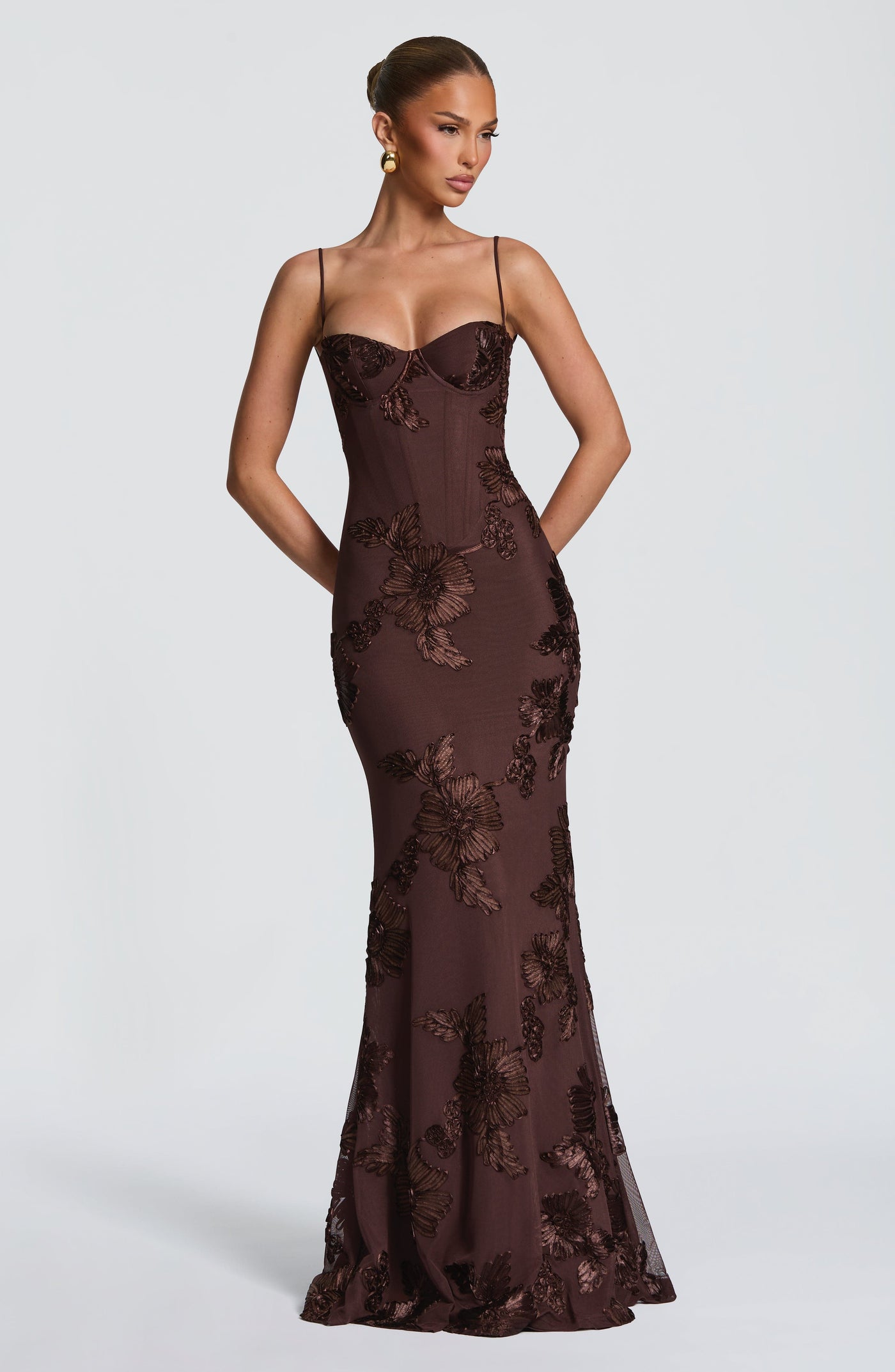 Floral Appliqué Corset Sweetheart Mermaid Maxi Gown