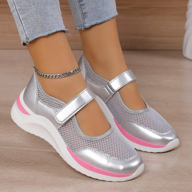 Round Toe Mesh Panel Hook and Loop Strap Platform Sneakers