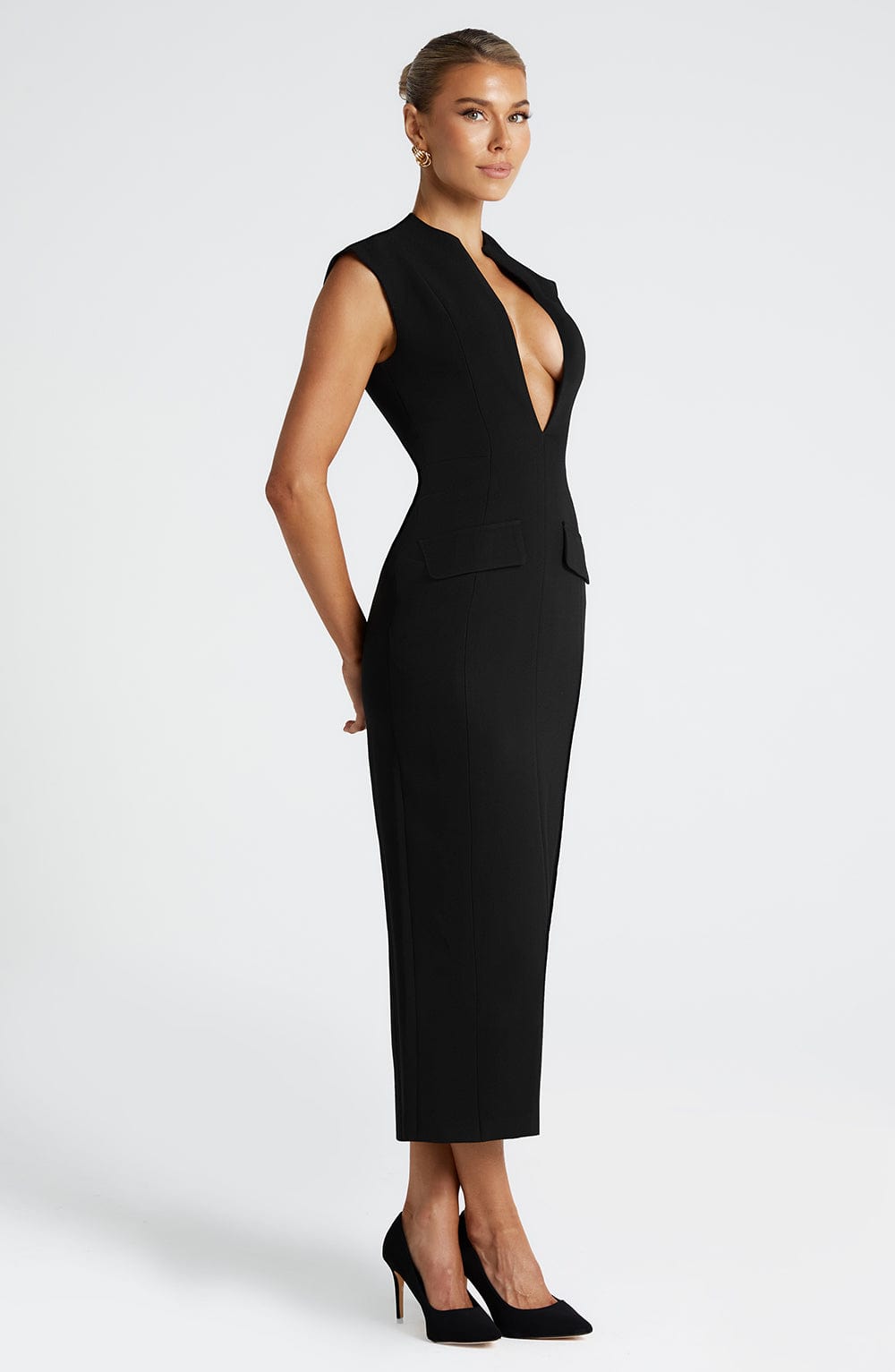 Plunge Neck Cap Sleeve Flap Pocket Bodycon Midi Dress 3