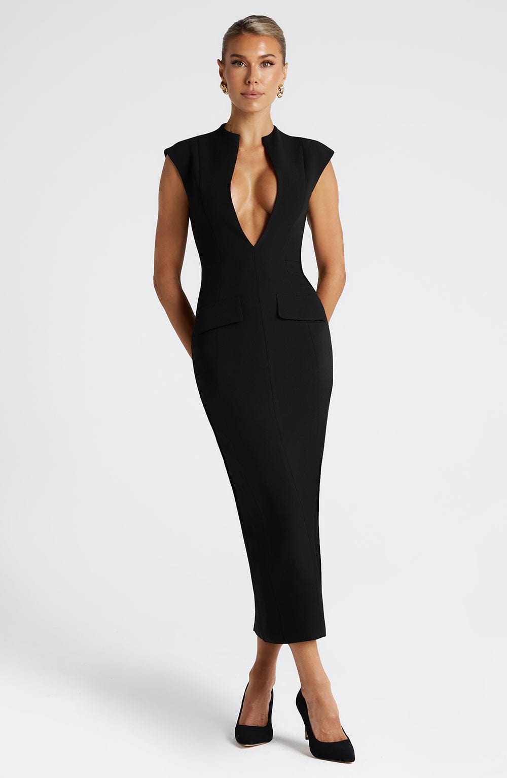 Plunge Neck Cap Sleeve Flap Pocket Bodycon Midi Dress 5