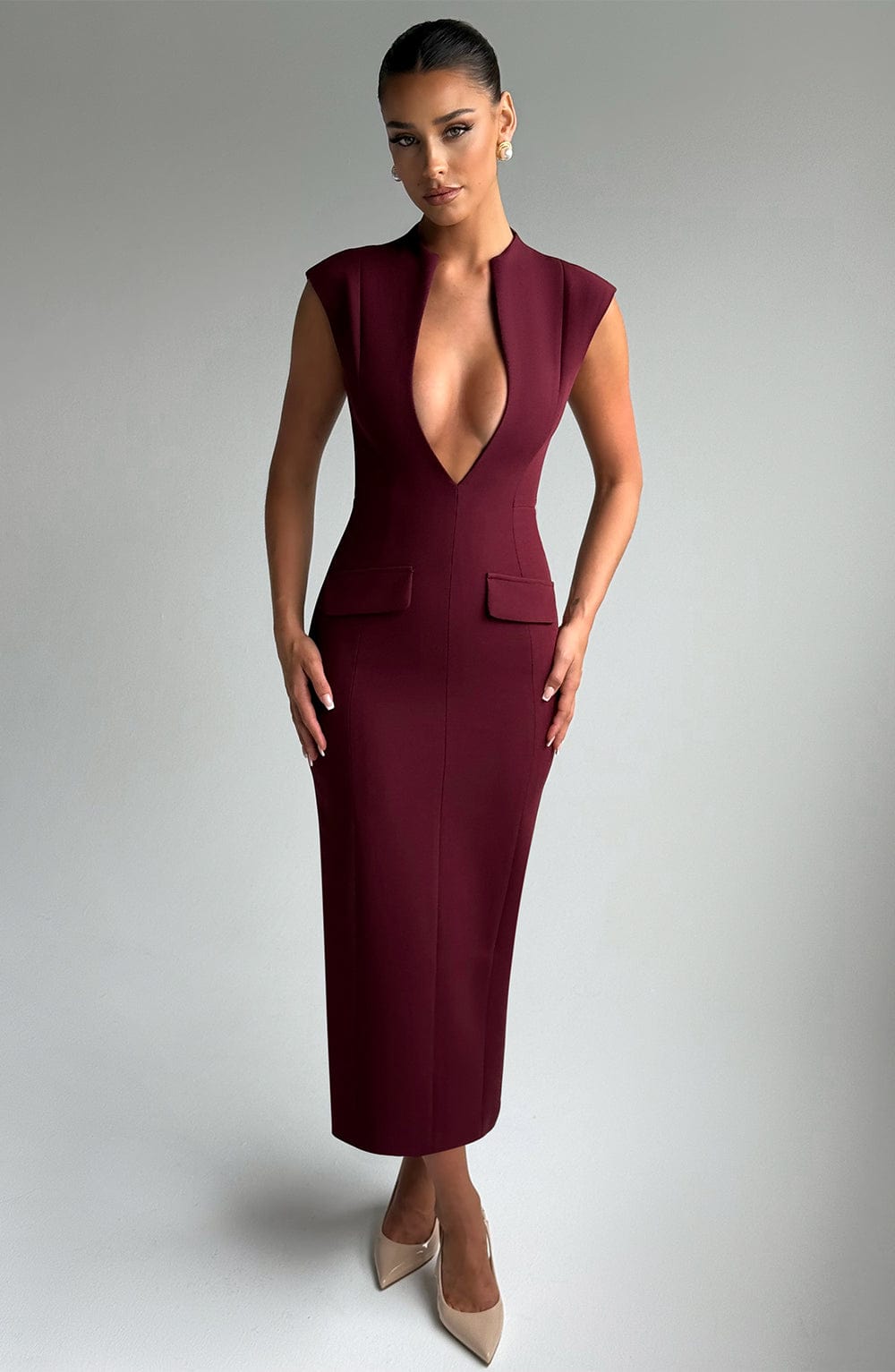 Plunge Neck Cap Sleeve Flap Pocket Bodycon Midi Dress