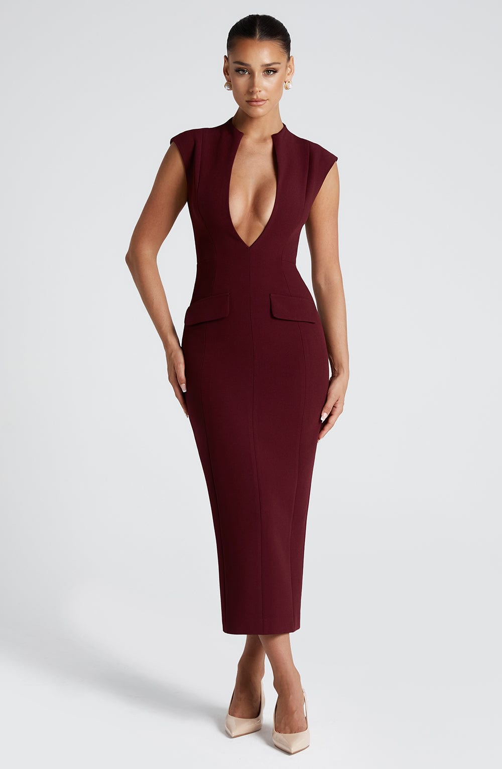 Plunge Neck Cap Sleeve Flap Pocket Bodycon Midi Dress 4