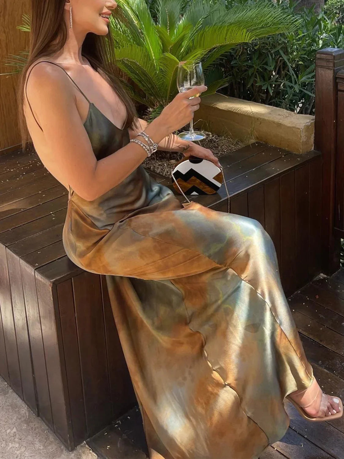 Neptune Satin Open Trendy Back Long Dress